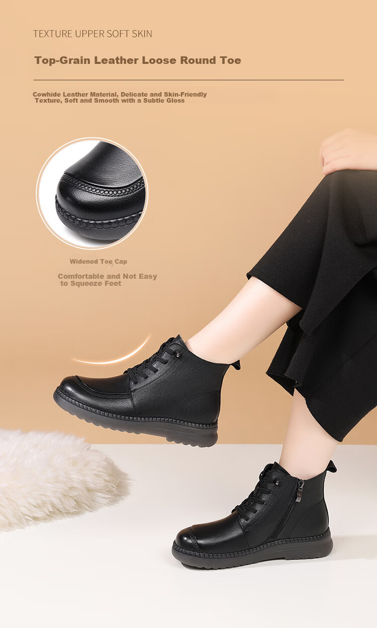 Red Dragonfly Women's Martin Boots Winter Fleece Lined Warm Thick Sole Short Boots Versatile Fashion Cotton Leather WTC457681H Black Size 37 3