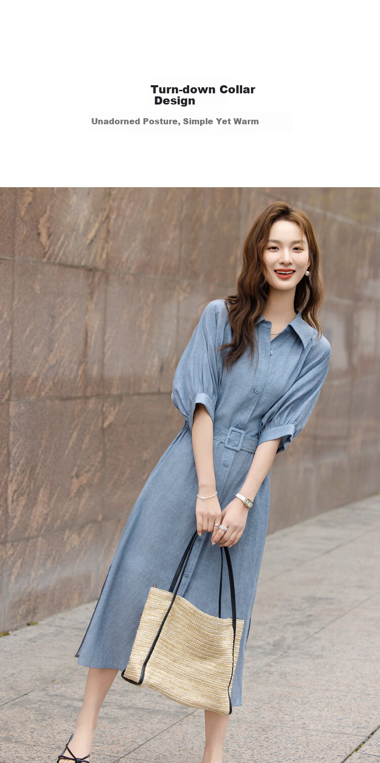 Demana [With Linen] Summer Simple Urban Lapel Mid-Sleeve Belted Loose Slimming Concealing Dress for Women High-End Feel 5