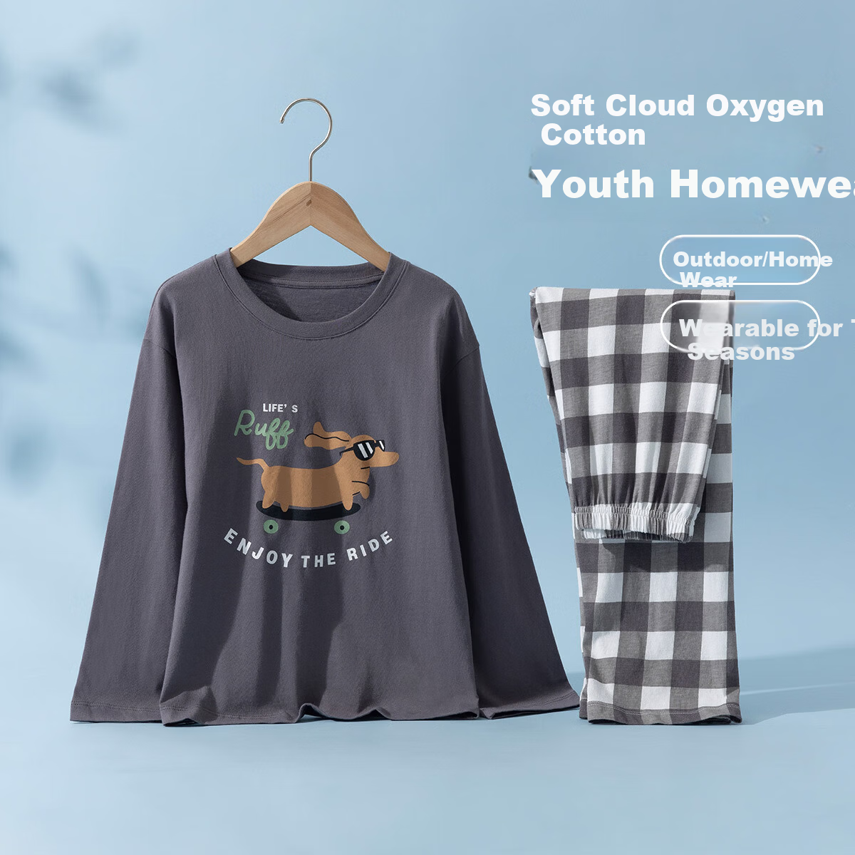 Dingguagua Boys' Cotton Pajama Set Long Sleeve Autumn Spring Air Conditioning Homewear Gray 140