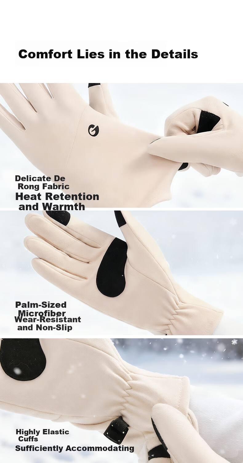 GOLOVEJOY Women's Thermal Gloves Winter Windproof Cold-Resistant Ski Liner Outdoor Mountaineering Fleece Touchscreen Gloves Beige M 7