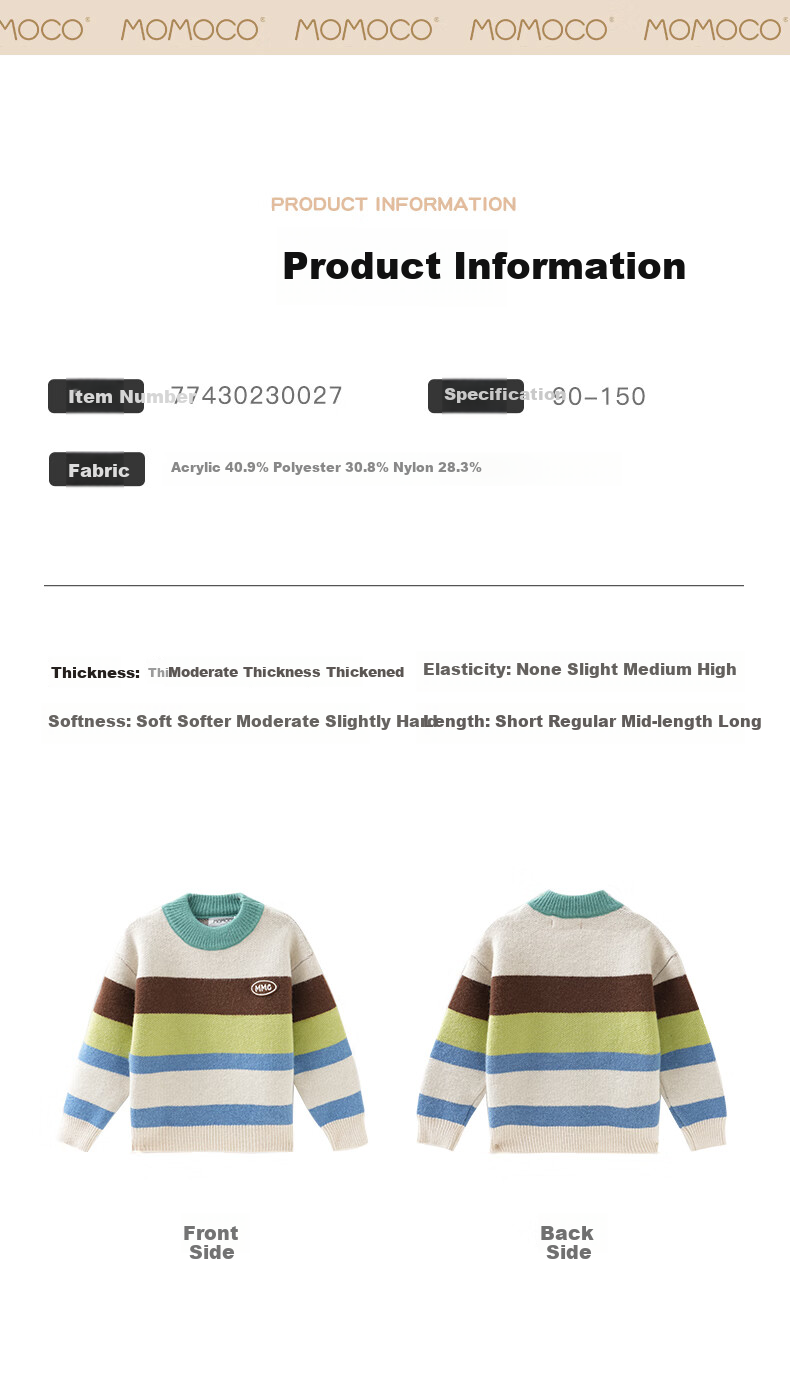 MOMOCO Boys' Sweater 2025 Winter Kids' Trendy Casual Striped Sweater Size 105 3
