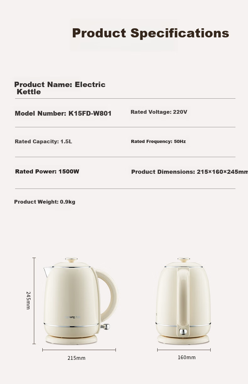 Joyoung Electric Kettle, Water Boiler, 99.9% High-Purity Titanium, Food-Grade 316L Stainless Steel, 1.5L Capacity, K15FD-W801 15