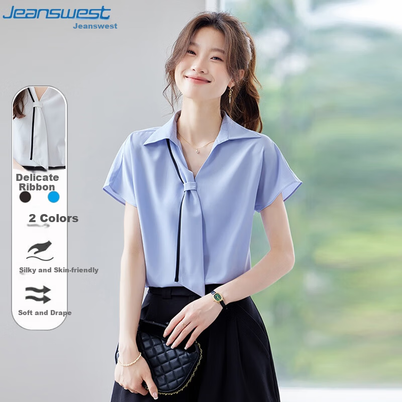 Jeanswest Women's Short Sleeve Shirt 2025 Summer High-End Design Ribbon Versatile Commuter Top White M