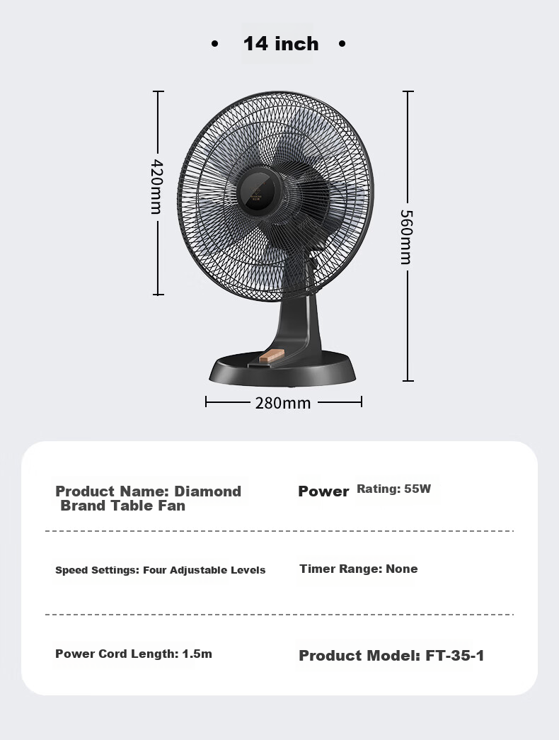 Diamond Brand Electric Fan Home Desktop Fan Dormitory Bedroom Table Fan Living Room Office Table Fan Energy Saving Oscillating Fan FT-35-1 13