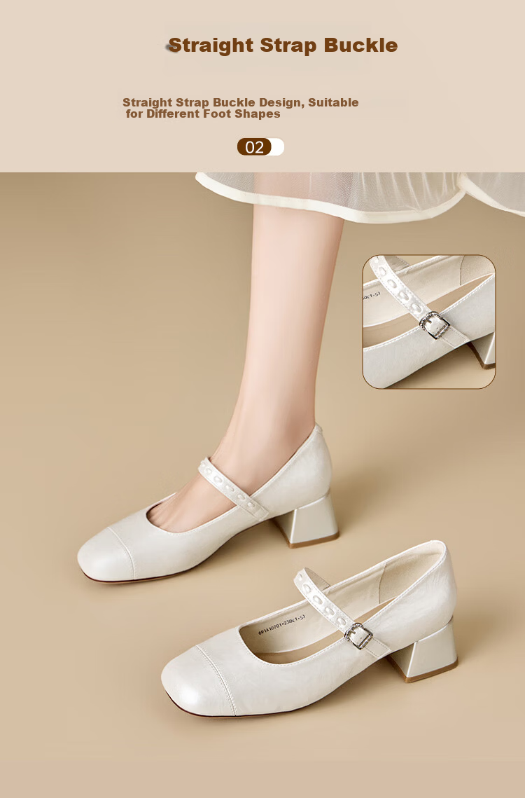 Zhuoshini Women's French Mary Jane Shoes 2026 Spring New Thick Heel Elegant Skirt Matching Low-Cut Flats Off-White Size 38 4