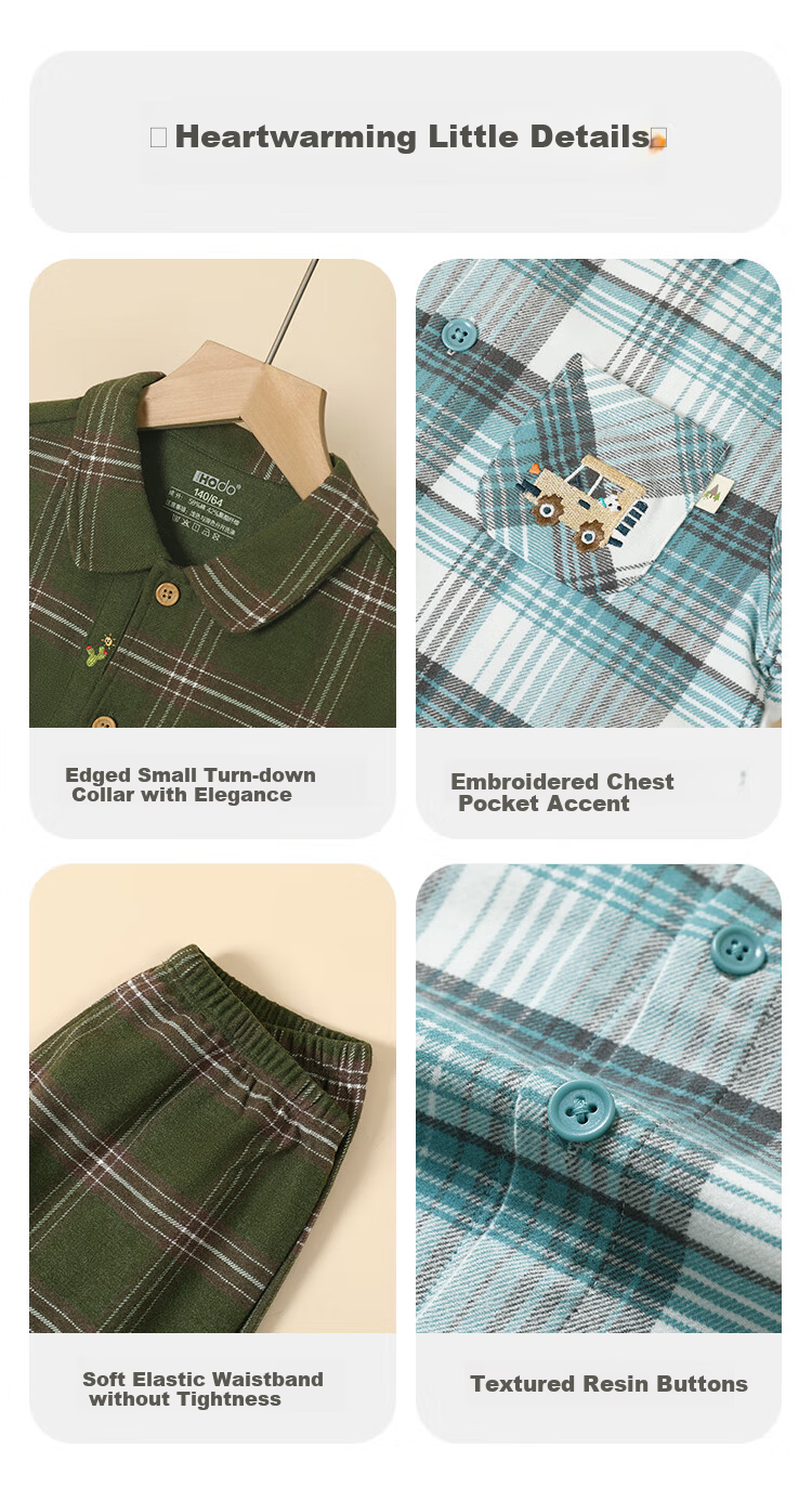Hodohome Children's Pajamas, Girls' Plaid Cotton Loungewear, Girls' Brushed Lapel Cardigan Long-Sleeve Set 504 120 8