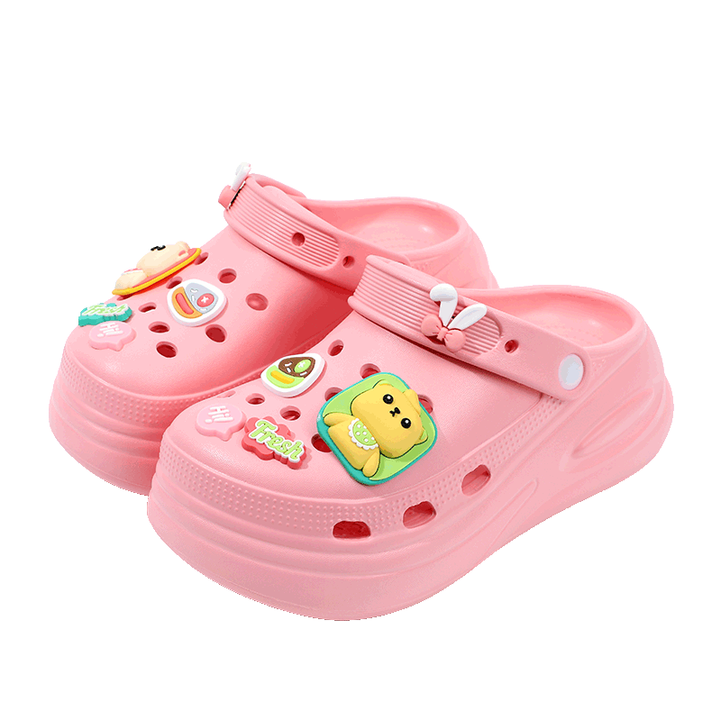 Grace Summer Thick-Soled Closed-Toe Heightening 5CM Perforated Shoes for Women, Cute Outdoor Slippers, Breathable Sandals, Pink, Size 39/40
