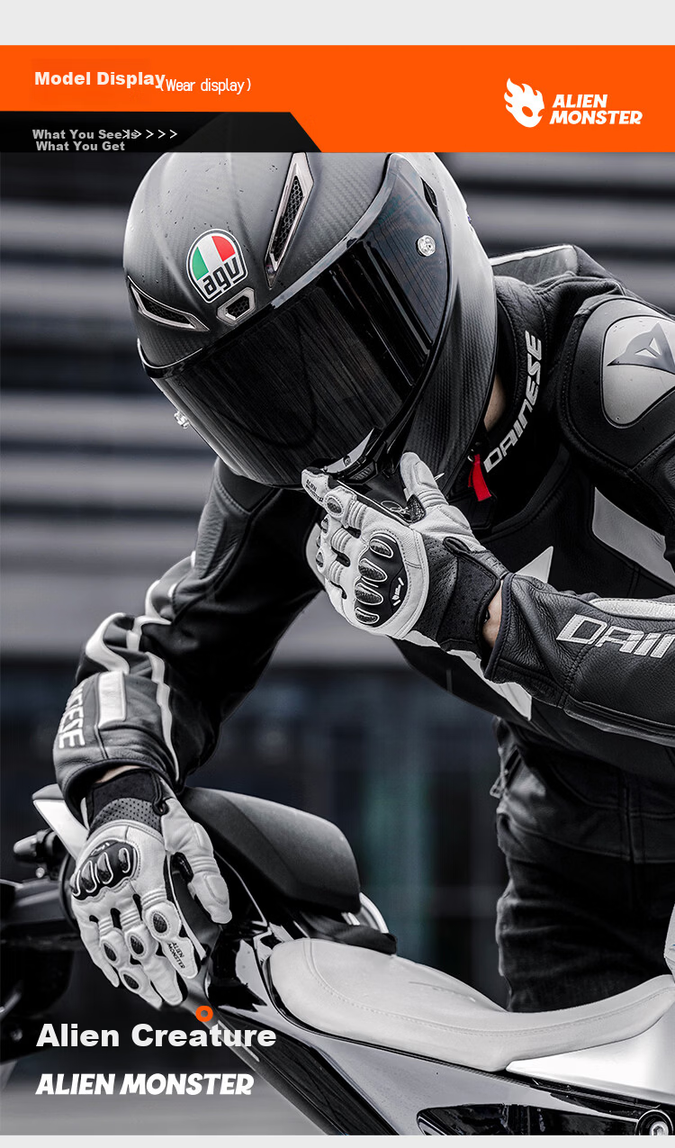 Alien Monster Ant King Motorcycle Gloves Carbon Fiber Anti-Fall Breathable Genuine Leather Riding Windproof Motorbike Gear Four Seasons Langxun White M 15