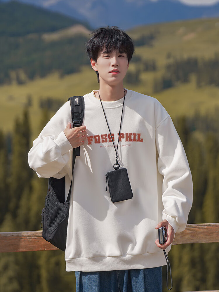 Foss Phil Men's Crew Neck Sweatshirt Autumn Winter Long Sleeve Printed Loose Casual Base Shirt FPW2 White M 15
