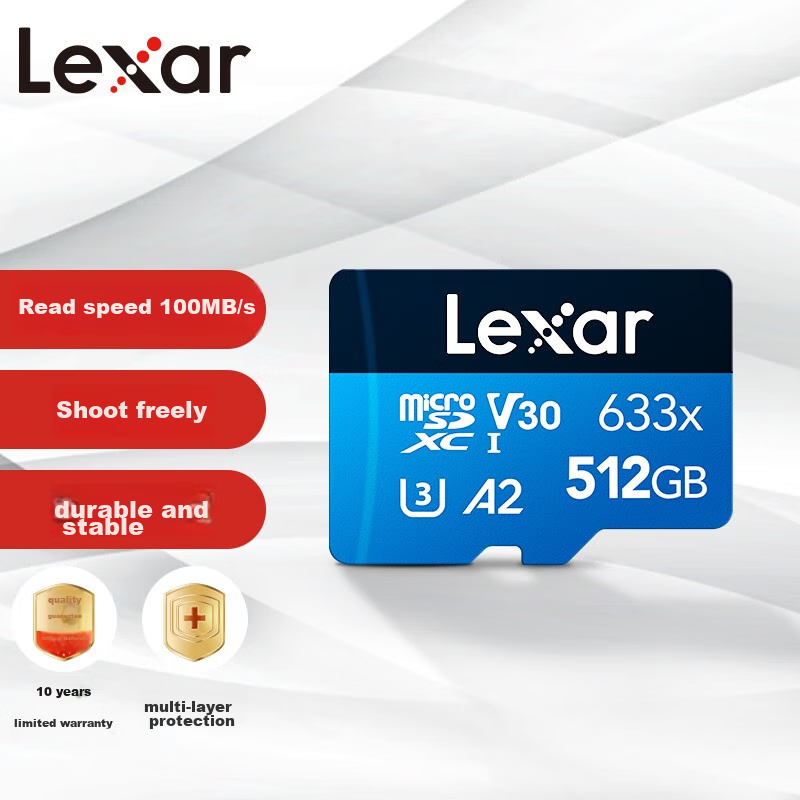 Lexar 512GB TF (MicroSD) Memory Card, C10 U3 V30 A2 High-Speed Memory Card, Read Speed 100MB/s, Durable And Stable (633x)
