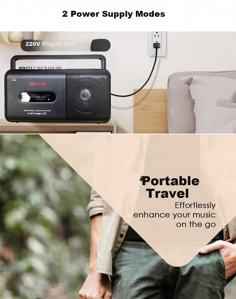 Aiwa CR-1 Bluetooth Speaker Retro Cassette Player Portable Radio USB TF Bluetooth Player Student Listening Device English Training Dual Power Black 9