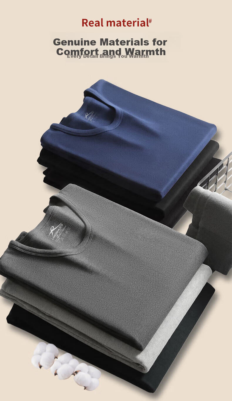 LangSha Men's Thin Modal Round Neck Thermal Underwear Set Autumn Base Layer Cotton Warm Pajamas 3