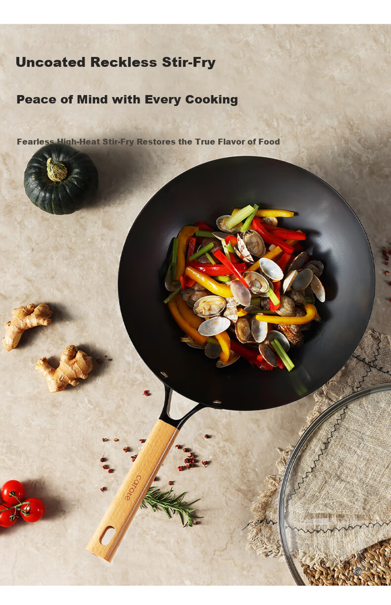 Carote Iron Wok, Home Cooking Pan, Non-Coated Non-Stick Pan, Suitable for Induction And Gas Stoves, Traditional Style, 32cm with Lid 3
