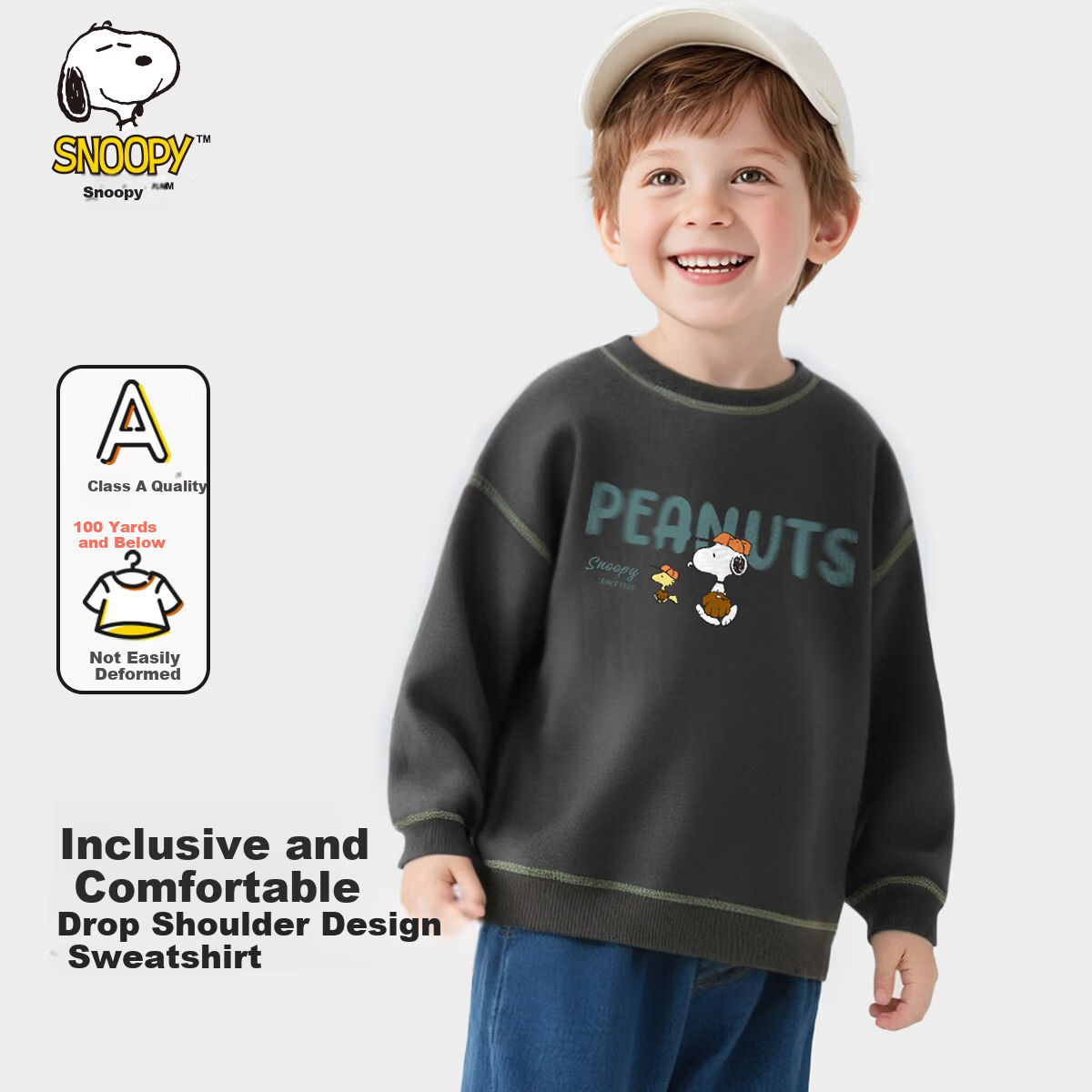 SNOOPY Children's Spring And Autumn Sweatshirt, Warm And Comfortable, Fashionable Boys And Girls Top, Ash Gray, Sports Companion, Size 110