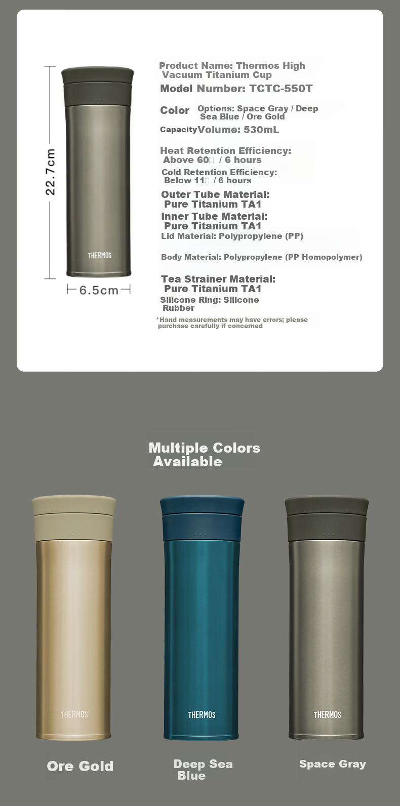 THERMOS Pure Titanium Vacuum Insulated Bottle 530ml Large Capacity Outdoor Cold and Hot Water Cup Tea Cup TCTC-550T-GD 5