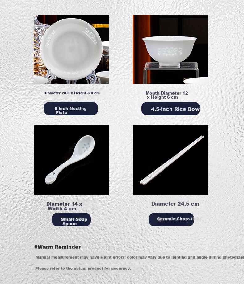 Taoxianghui Jingdezhen Underglaze Color Exquisite White Porcelain 8-Inch Deep Rice and Vegetable Plates High-Temperature Ceramic Plates Set of 6 8