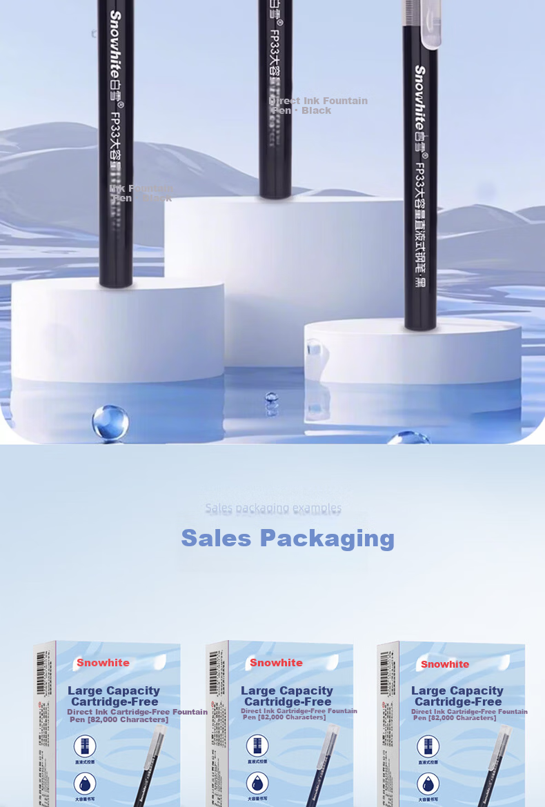 Snowhite Direct Ink Fountain Pen Student Special Grade 3 Handwriting Practice No Cartridge Replacement EF Nib Quick Dry Non-Bleed FP33 Erasable Blue 20pcs 9