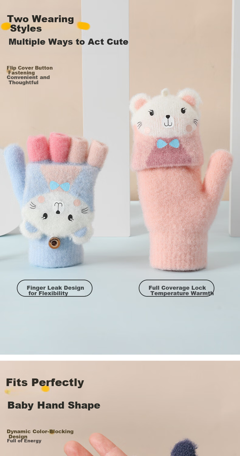 Langsha Children's Warm Gloves Cute Flower Cat Autumn Winter Baby Five-Finger Detachable Full Finger Gloves for Boys and Girls Elementary Students 4