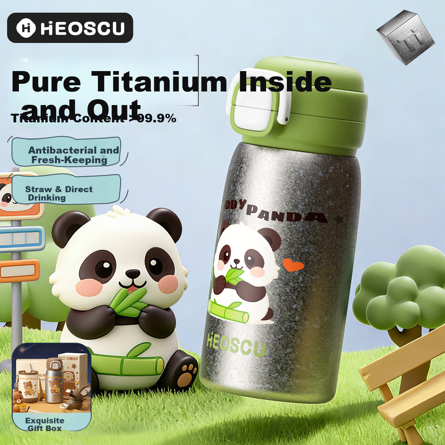 HEOSCU Children's Titanium Insulated Straw Water Bottle for Boys and Girls, Primary School Titanium Water Flask, Kindergarten Dual-Use