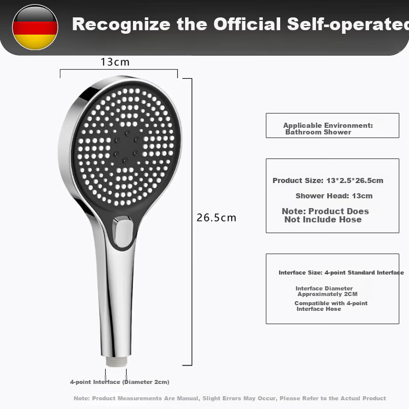 WUZORY Germany Pressurized Shower Head Handheld Bathroom Silver 127