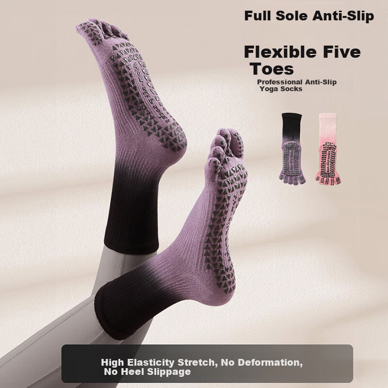 Duweike Yoga Five-Toe Socks Non-Slip Pilates Mid-Calf Sports Indoor Fitness Gradient Purple