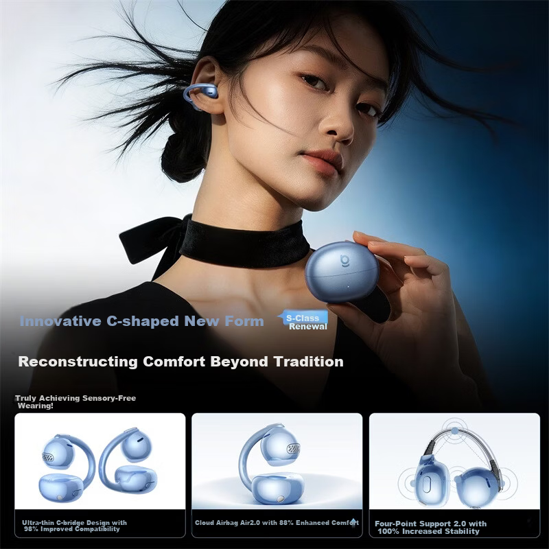 BASEUS [Latest Model 2026] MC2 S Comfortable Ear Clip Bluetooth Headphones, Open-Style Non-In Sports Call Noise Reduction AI Translation Long Battery Life, Moon Silver White