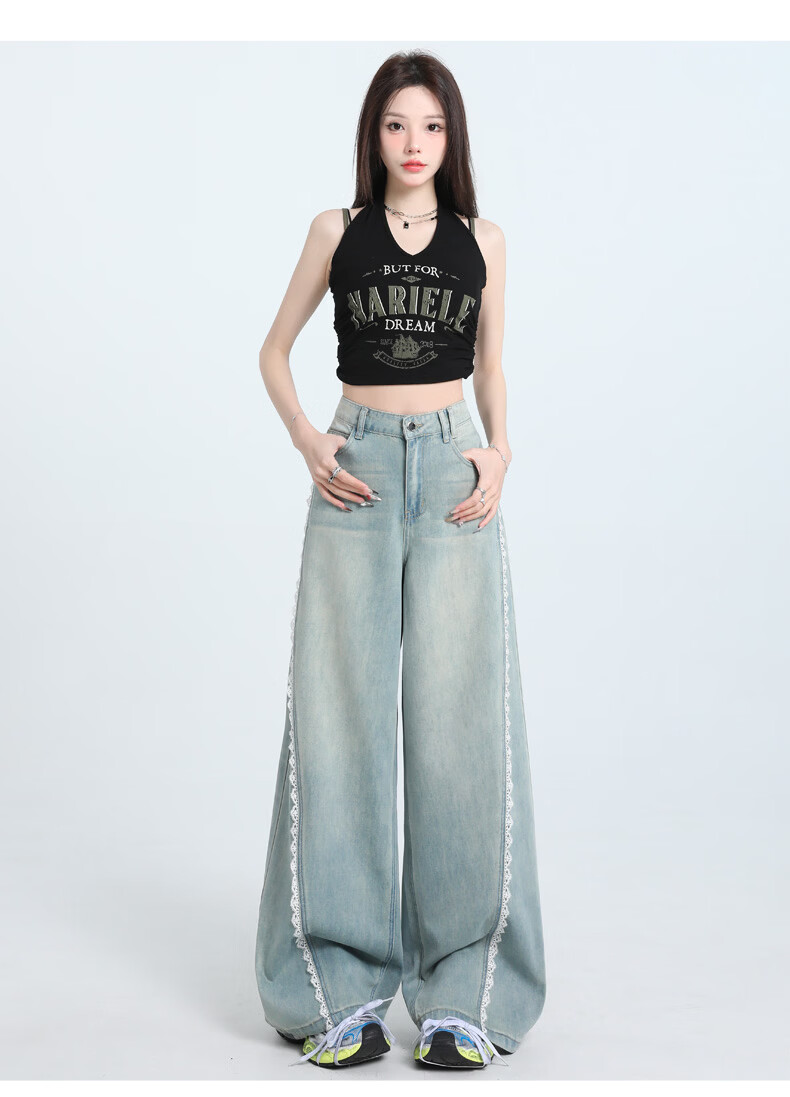 Jeanswest Women's Jeans 2026 Summer Retro Washed Light Lace Trim High Waist Washed Wide Leg Pants Light Blue M 15