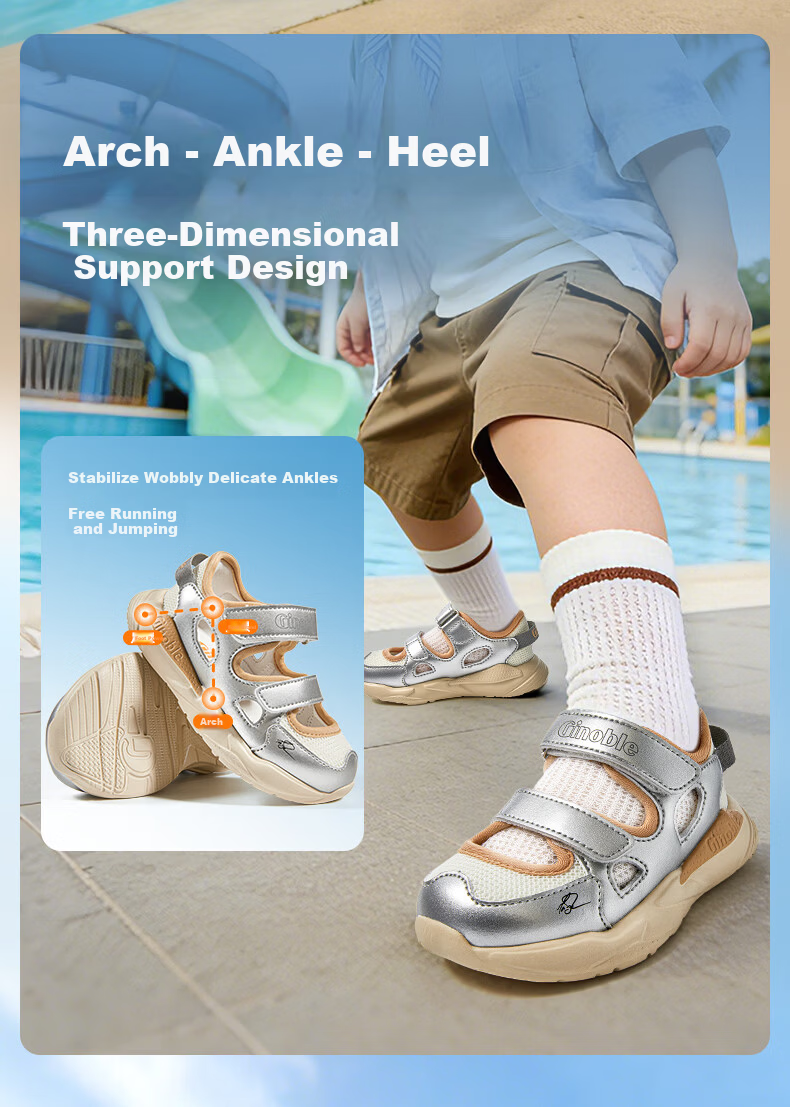 Ginoble Children's Walking Shoes 2026 Summer Sandals 1-5 Years Italian Series Kids Shoes GW1883 Bright Silver 5