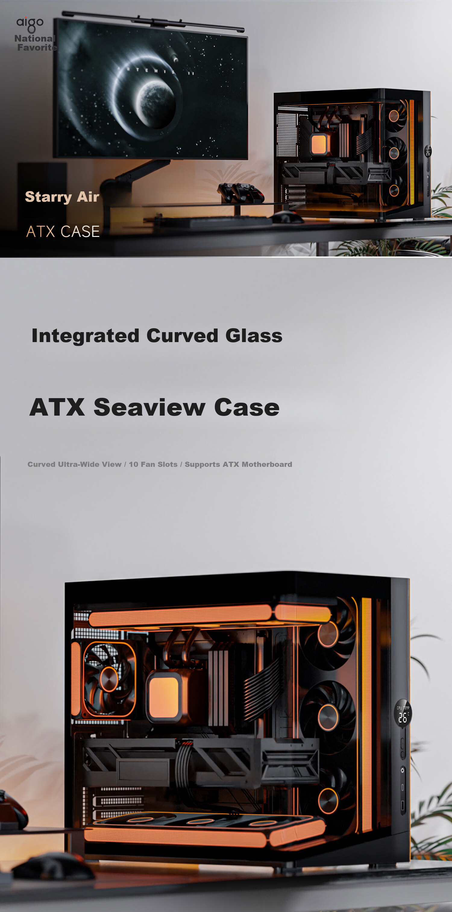 Aigo Xingcanchen Air White Gaming Desktop PC Case Supports 360mm Water Cooling ATX Motherboard Curved Glass 270° Seaview Room 5090 Graphics Card 1