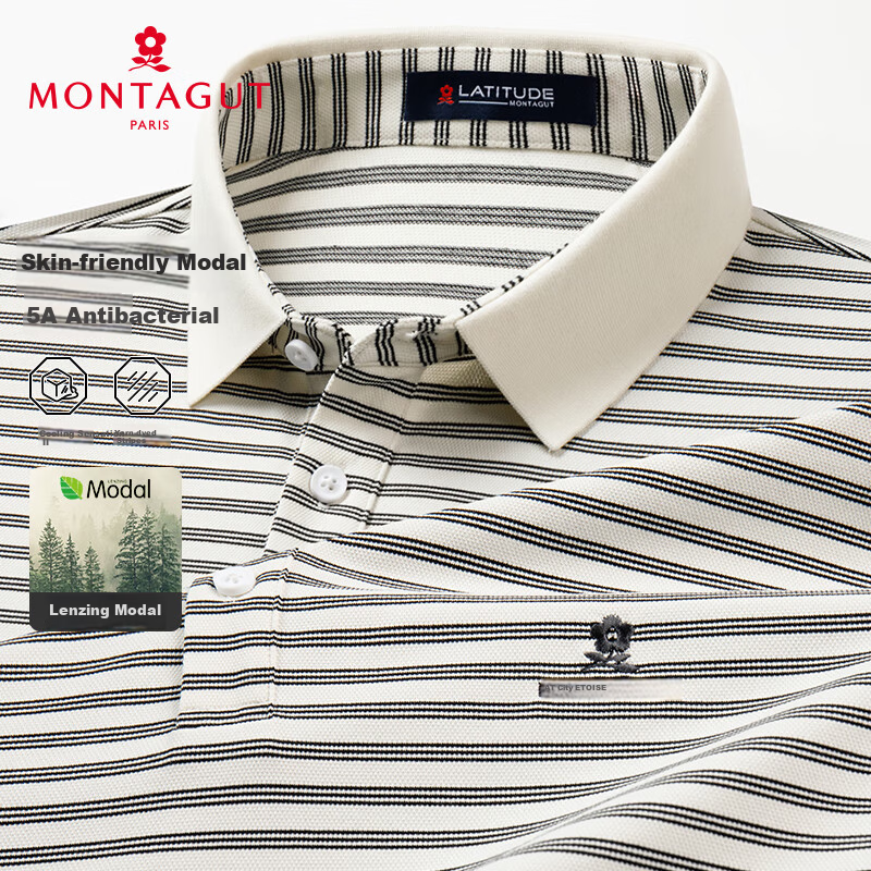 MONTAGUT Men's Short Sleeve Polo Shirt Summer Business Cool Touch 5A Antibacterial Wrinkle-Resistant T-Shirt Crescent White M/48