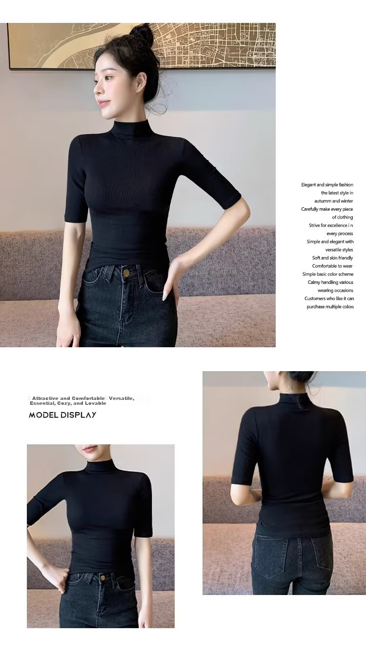 Shuangxing Women's Half Turtleneck Half Sleeve T-Shirt, 5/10 Sleeve Spring Summer New Style, Black, 2XL 3