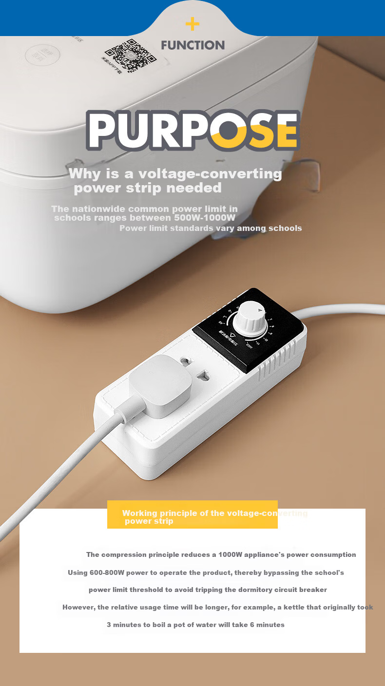 Aleleco Student Dormitory Voltage Regulator Socket Power Converter Socket University Dormitory Limited Voltage Power Strip Anti-Trip Circuit Breaker 0~220VAC Voltage Adjustable Direct Plug 10A 1