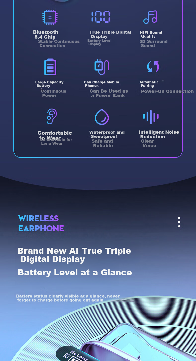 Bkayp Bluetooth Wireless In-Ear Earphones Long Battery Life Noise Cancelling High-Quality Sound Compatible with Apple iPhone 17 Huawei Oppo Honor Vivo Music Sports Gaming Emergency Charging 3