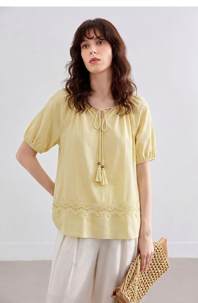 Demana Pure Cotton Tassel Tie Round Neck Shirt Women Summer New Lace Splicing Ruffle Loose Blouse 15
