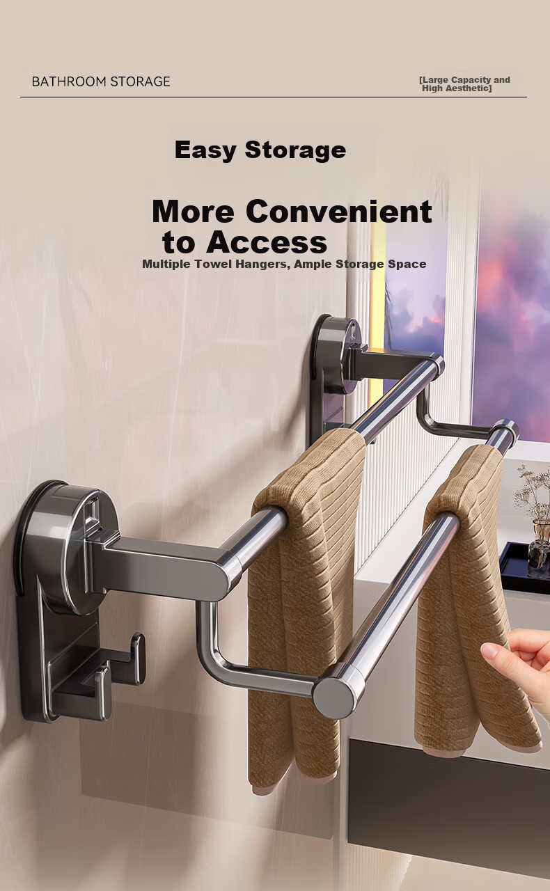 Baihan Suction Cup Towel Rack Bathroom Storage Shelf Wall-Mounted No-Drill Towel Bar Organizer 5