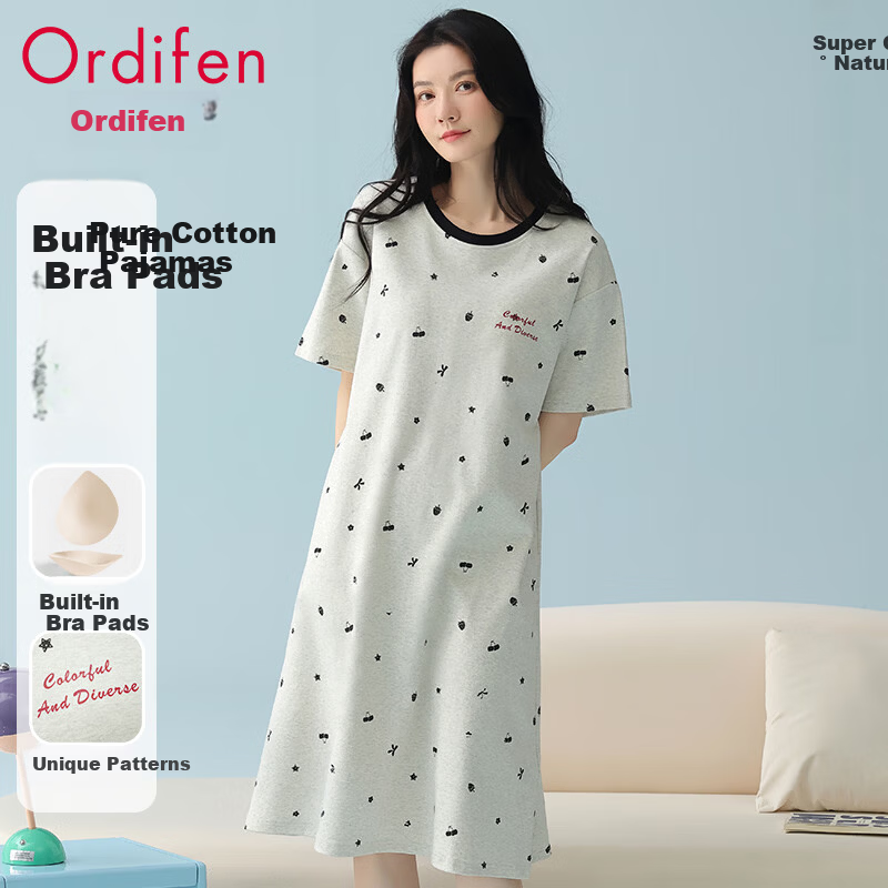 Ordifen 100% Cotton Wireless Bra Nightdress for Women, Pure Cotton Summer Short Sleeve with Chest Pad, Loose Fit, Suitable for Outdoor Wear Homewear
