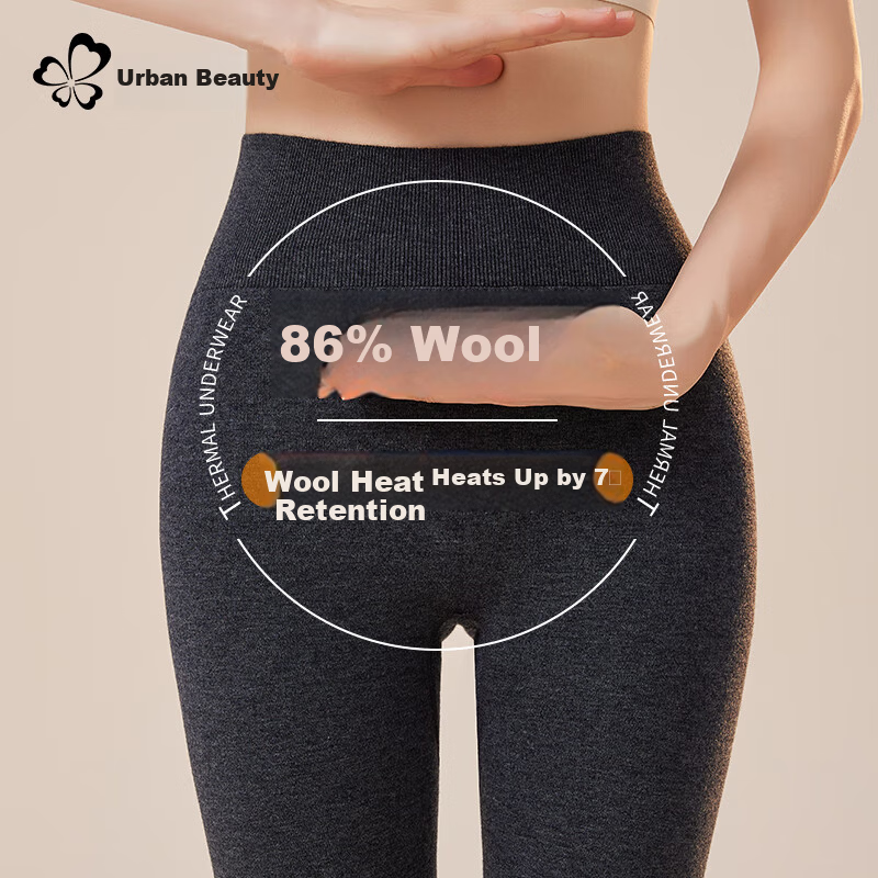 Urban Beauty Women's Thermal Pants 86% Wool High-Waist Tummy Control Fleece-Lined Thickened Leggings Thermal Underwear for Autumn and Winter