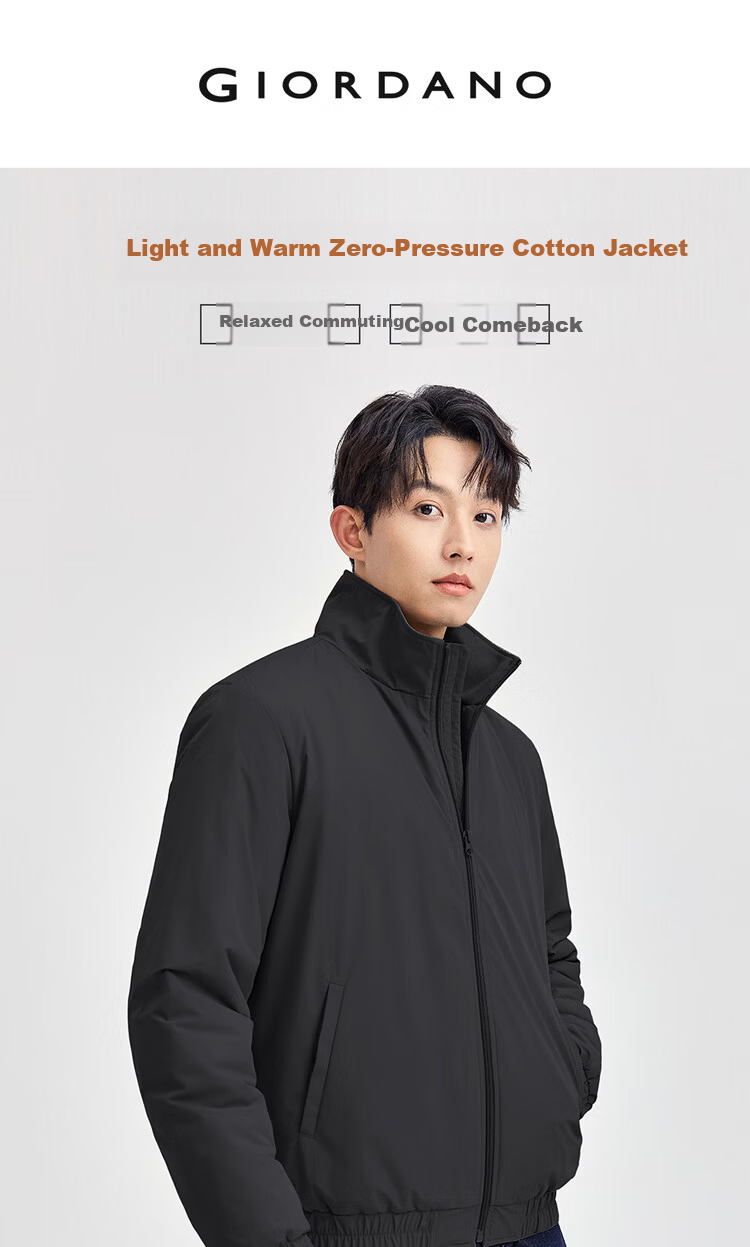 Giordano Men's Cotton Padded Outdoor Jacket New Windproof Solid Color Stand Collar Long Sleeve Cotton Jacket 01075683 3