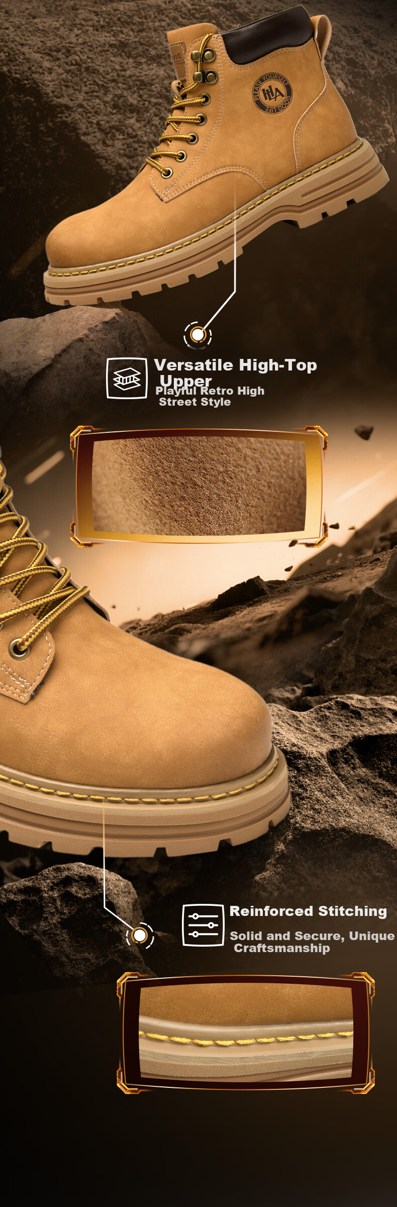 HLA Men's Martin Boots Yellow High-top Casual Work Shoes HAAGZM4DAZ350 Size 39 3