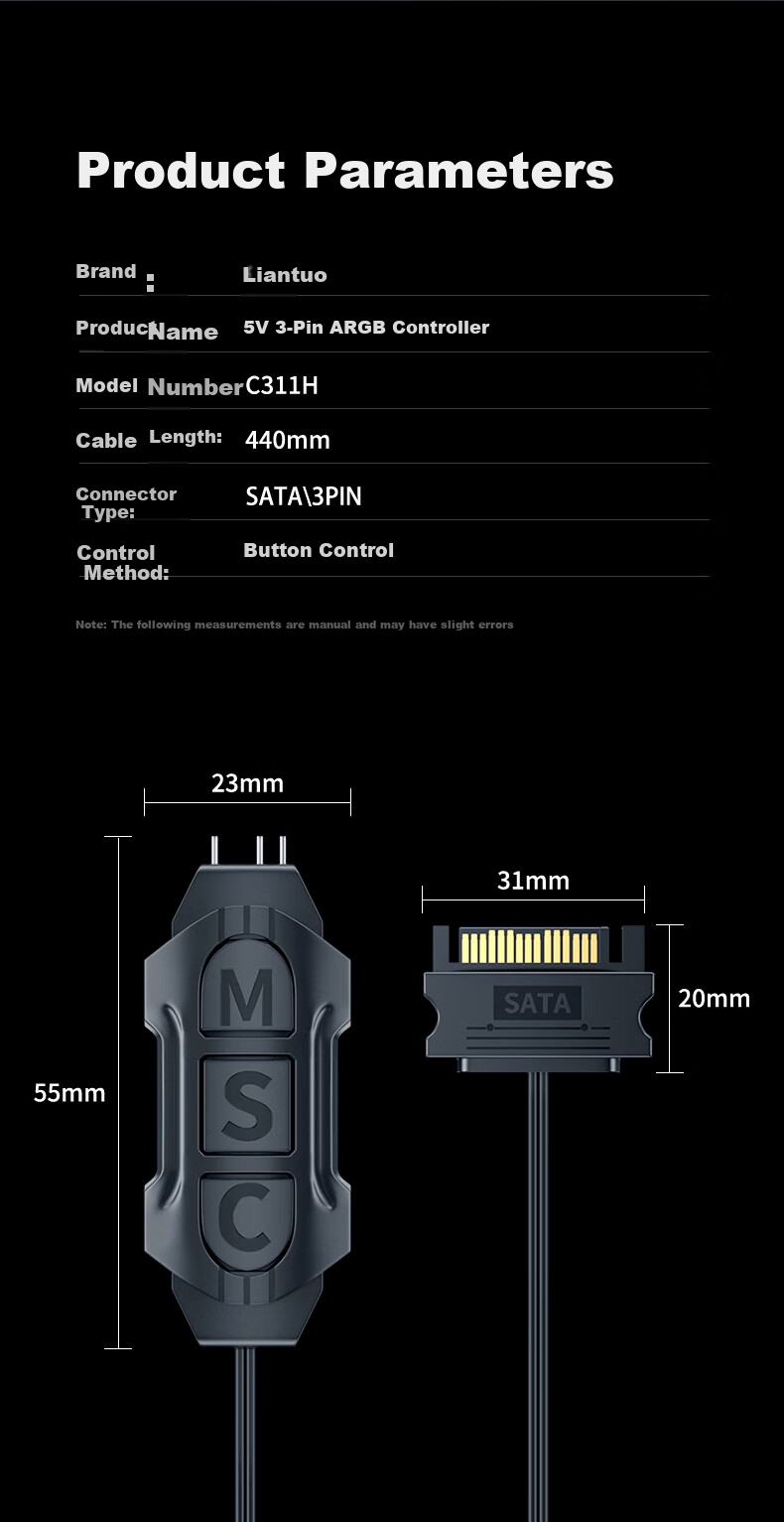 LinkStone Case Fan 5V 3-Pin ARGB Power Adapter, Desktop Computer RGB Adjustable Light Controller, Synchronized SATA Power Hub, Light Effect Adapter Cable, Remote Control 4