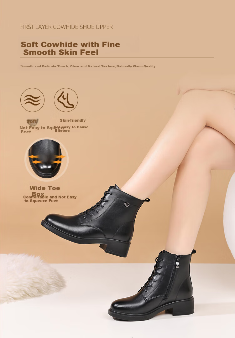 Red Dragonfly Women's Martin Boots Soft Leather Comfortable Lightweight Ankle Boots Thick Sole Slim Fit Versatile Cotton Boots WTC456991H Black Size 38 3