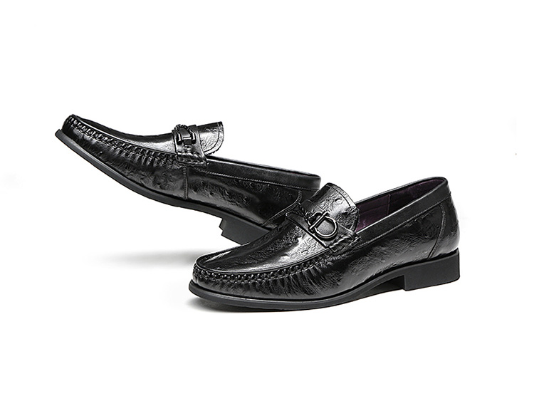 LAORENTOU Men's Leather Shoes, Top-Grain Cowhide Business Casual Shoes, Ostrich Pattern Slip-On Shoes, Dad Shoes, 520502519, Black, Size 40 6