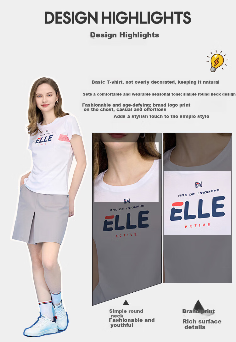ELLE ACTIVE Women's Cotton T-Shirt Short Sleeve Simple Fashion Letter Print Casual Sports Round Neck Top Summer White S 1