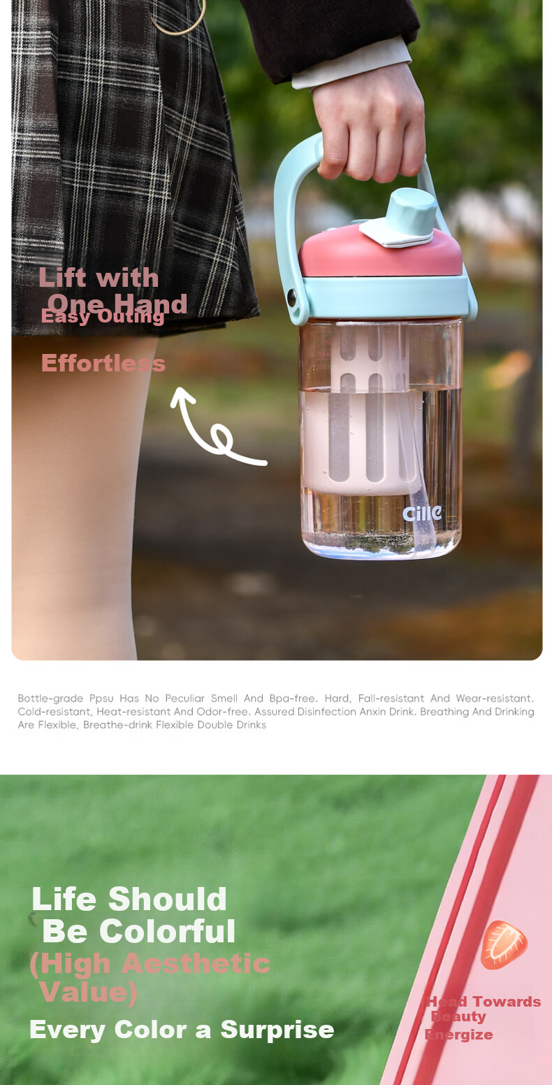 Cille Tritan Plastic Cup Large Capacity Outdoor Sports Water Bottle Portable Double Drinking Cup with Handle for Men and Women Students 11