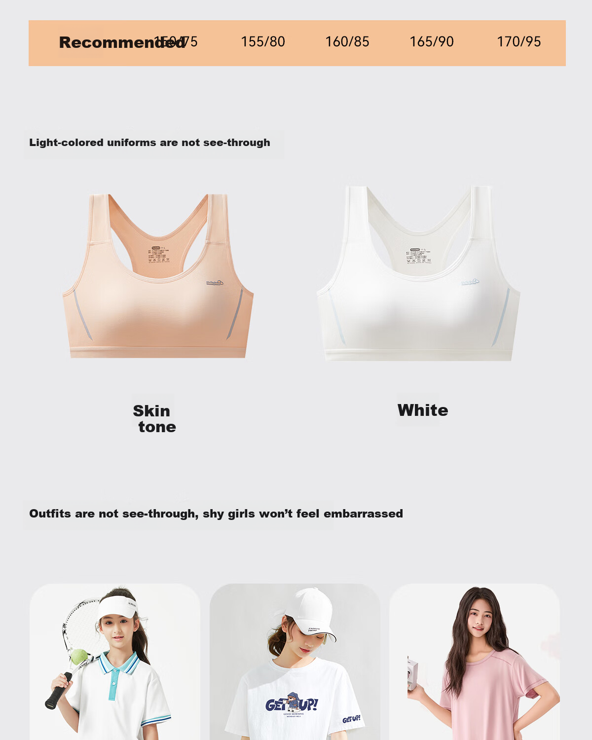 GRACEWELL Silk Antibacterial Girls' Sports Bra Shockproof Developmental Fixed Cup Vest Skin 2XL 15