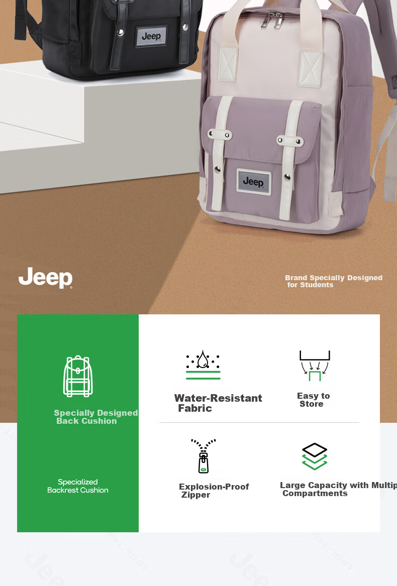 JEEP Middle School Student Backpack Unisex High School Large Capacity Water-Resistant Simple Double Shoulder Bag 2