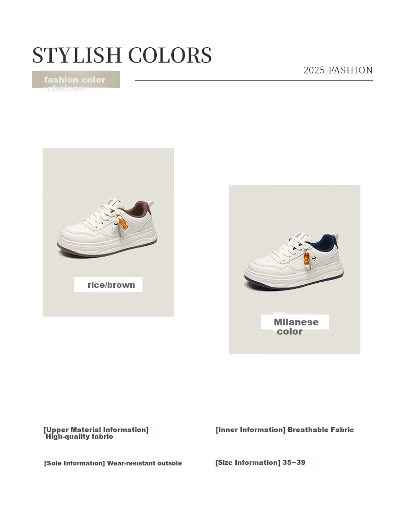 MEXICAN Women's Skateboarding Casual White Sneakers Sports Dad Shoes Size 39 Brown 5