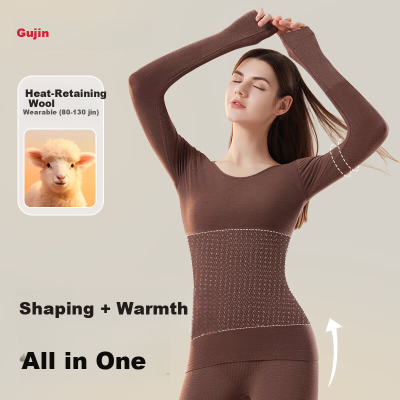 GUJIN Women's Wool Thermal Underwear Set - Seamless Slim Fit Autumn Winter Shaping Bodywear Top and Bottom