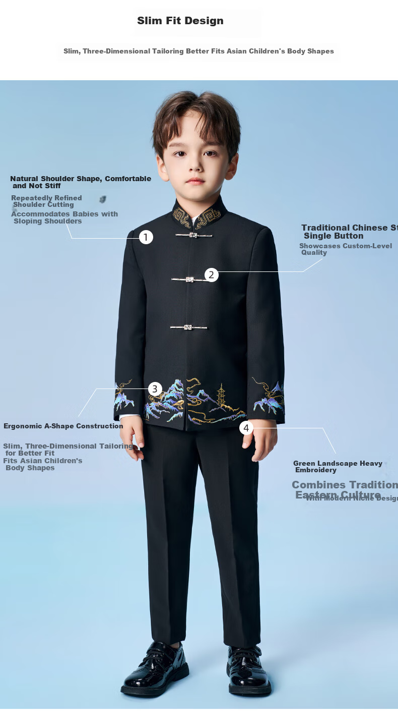 Romon Boys' Zhongshan Suit Set Traditional Chinese Style New Chinese Style Children's Host Performance Suit Black 170 5