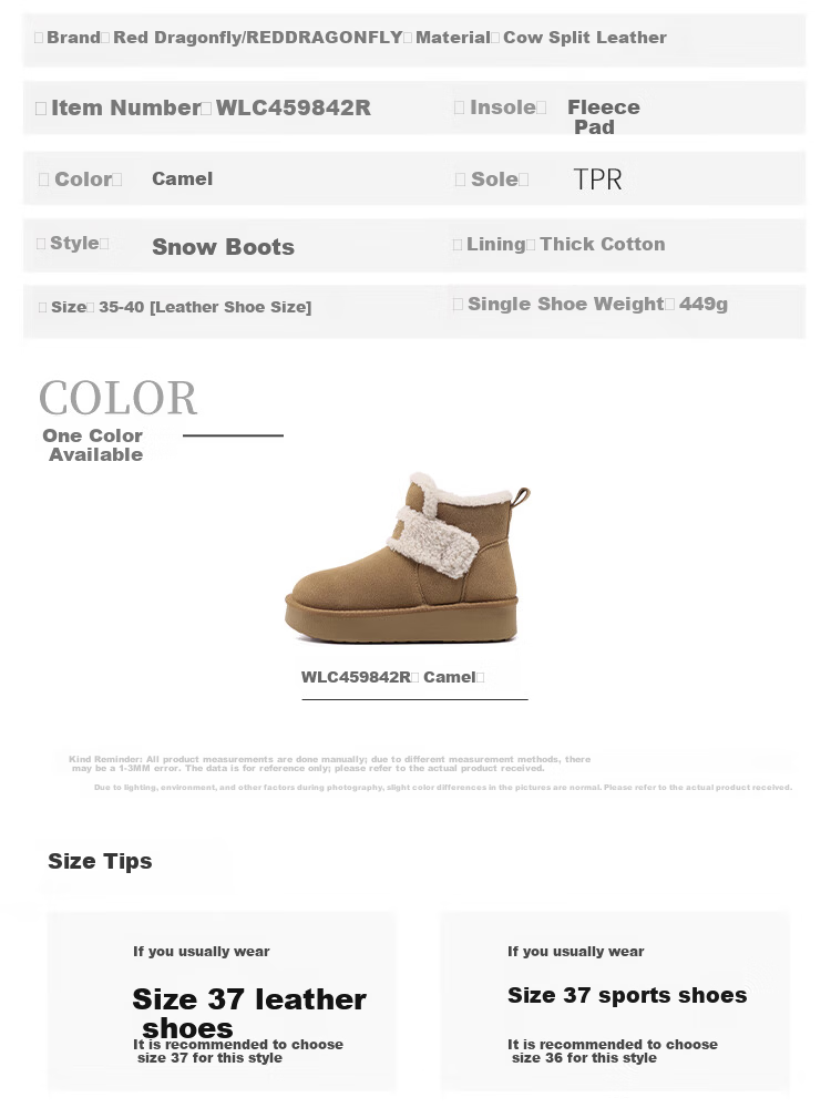 Red Dragonfly Women's Snow Boots Winter Thickened Cotton Shoes Fashionable Versatile Thick Sole Warm Cotton Shoes WLC459842R Camel Size 39 8